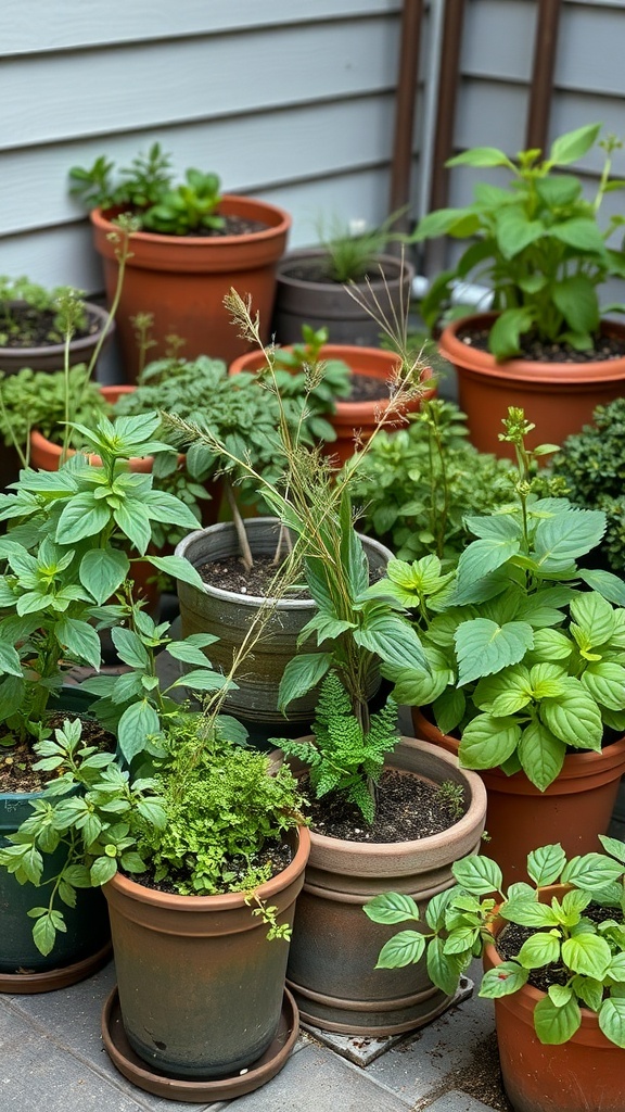A variety of potted edible plants in a small patio garden