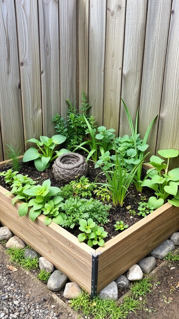 An L-shaped raised garden bed filled with various plants and herbs, surrounded by stones.