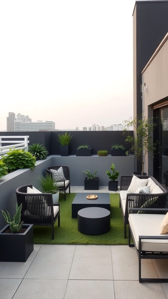 A modern minimalist roof garden with black and white furniture, plants, and artificial grass.