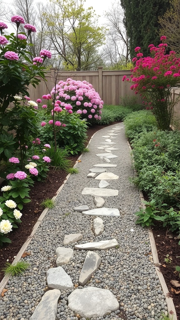 A beautiful garden path lined with flowers and stones.