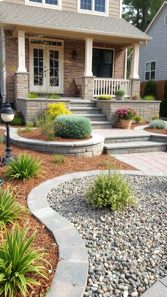 A well-designed front yard garden featuring hardscaping elements like stone pathways and flower beds.