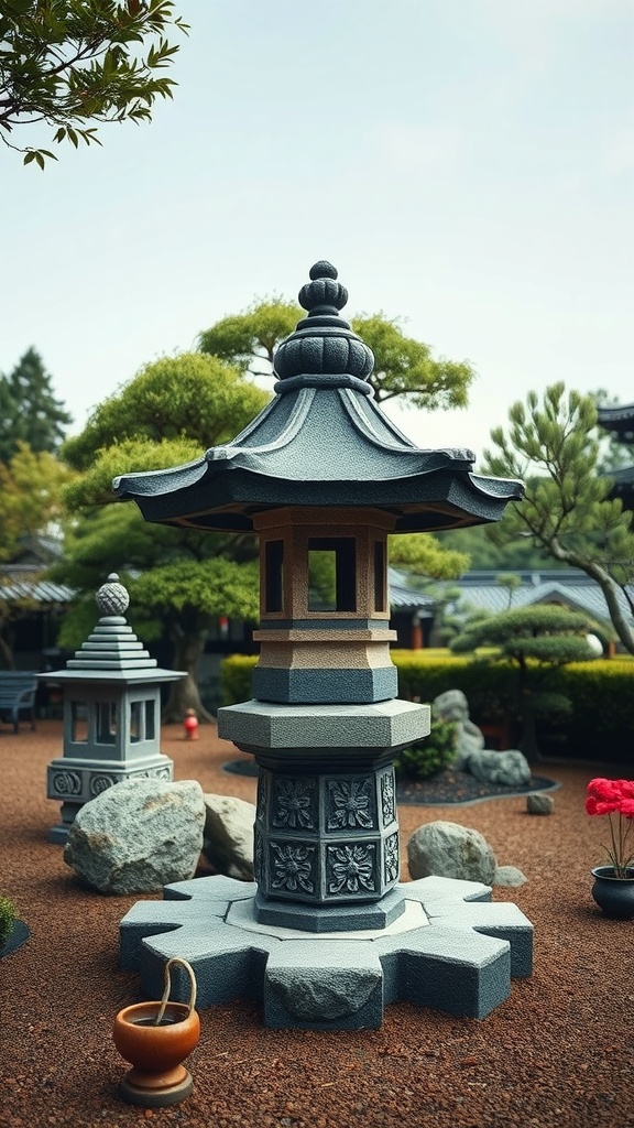 A stone lantern in a Japanese garden surrounded by greenery and rocks