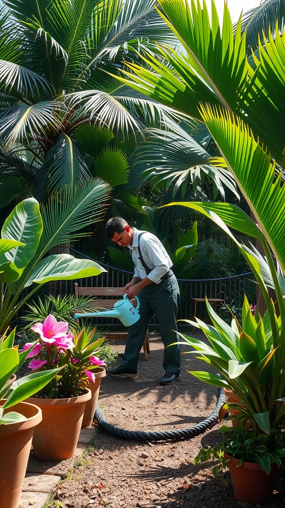A person watering plants in a tropical garden surrounded by palm leaves and colorful flowers.