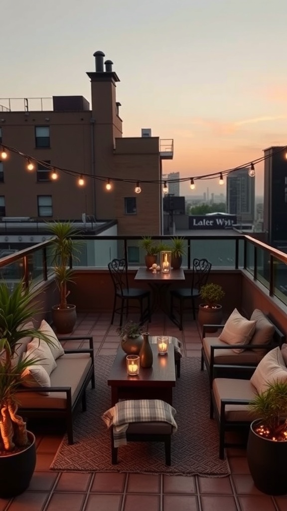A cozy rooftop lounge with comfortable seating, plants, and string lights, set against a sunset backdrop.