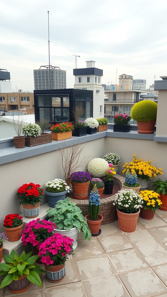 A colorful roof garden filled with various flower pots, showcasing seasonal decor themes.