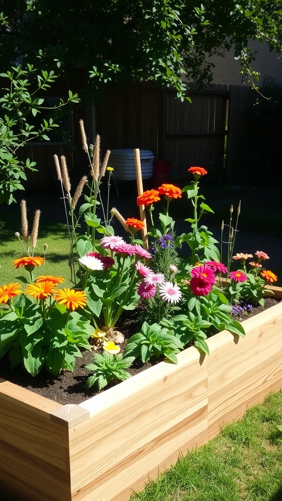A raised wooden garden bed filled with colorful flowers like zinnias and daisies.