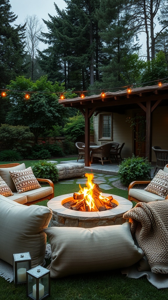 A cozy fire pit garden with plush pillows and blankets, surrounded by greenery and soft lighting.