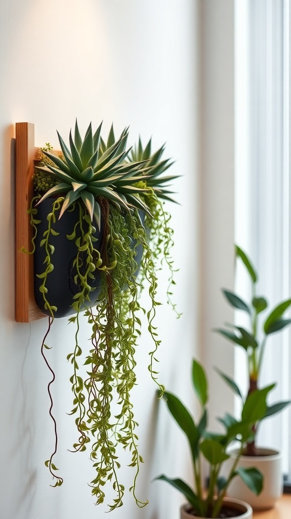 A wall-mounted planter with succulents and trailing vines, enhancing a bright indoor space.