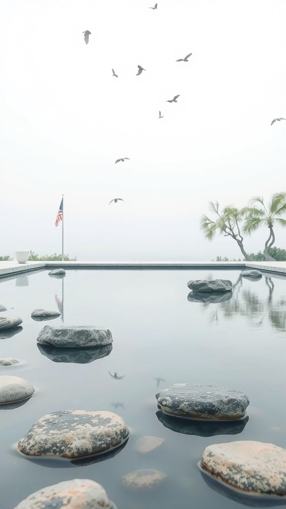 A tranquil gazing pool with smooth stones and birds flying overhead.