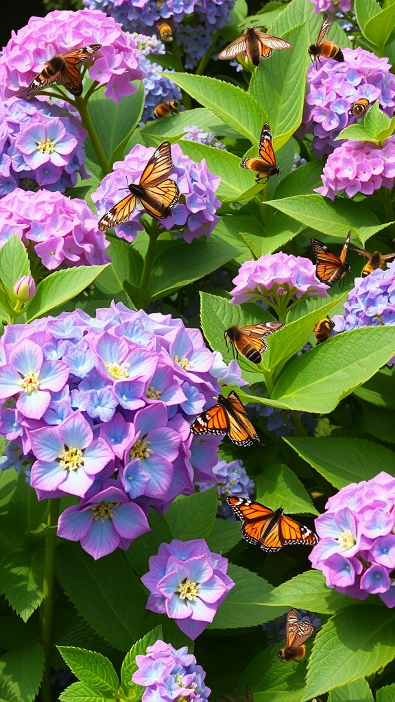 Vibrant hydrangeas in pink and blue colors with butterflies fluttering around them.