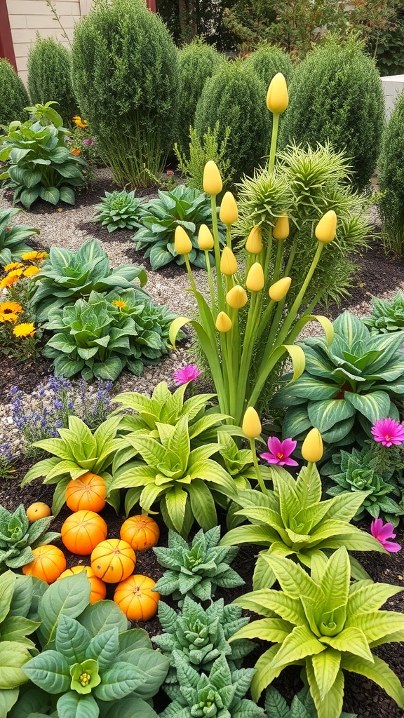 A colorful garden bed featuring pumpkins, lush greenery, and vibrant flowers.