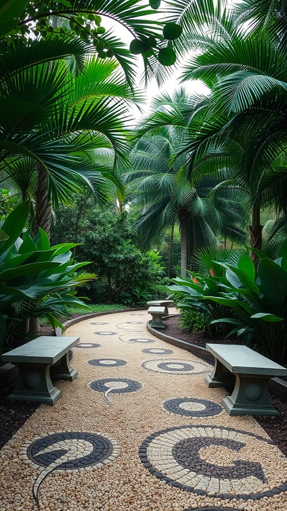 A winding path through a tropical garden with benches and lush green plants.