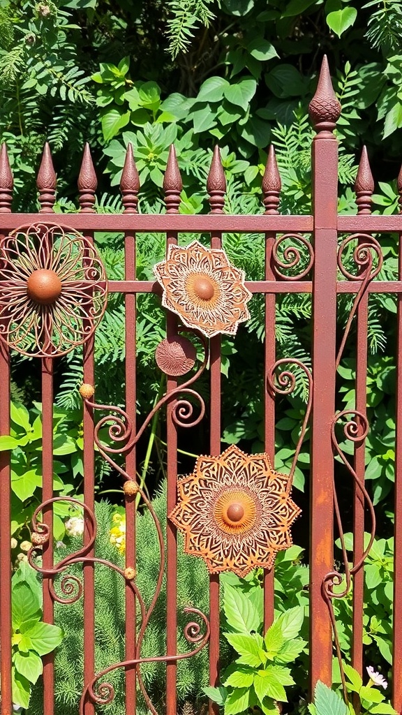 Rustic metal fence with floral designs surrounded by greenery