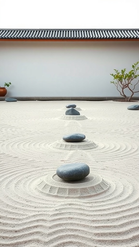A Zen garden featuring raked sand and smooth stones arranged in a calming pattern.