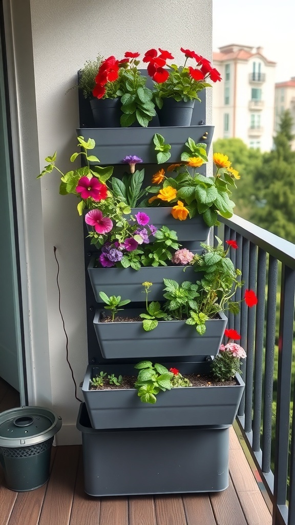 A vertical garden bed with colorful flowers on a balcony.