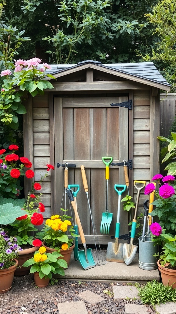 A charming garden shed surrounded by colorful flowers and gardening tools.
