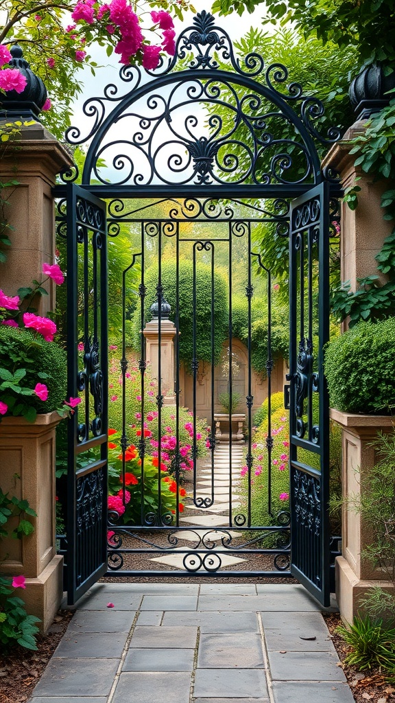 An ornate black gate surrounded by colorful flowers and lush greenery, leading into a secret garden.