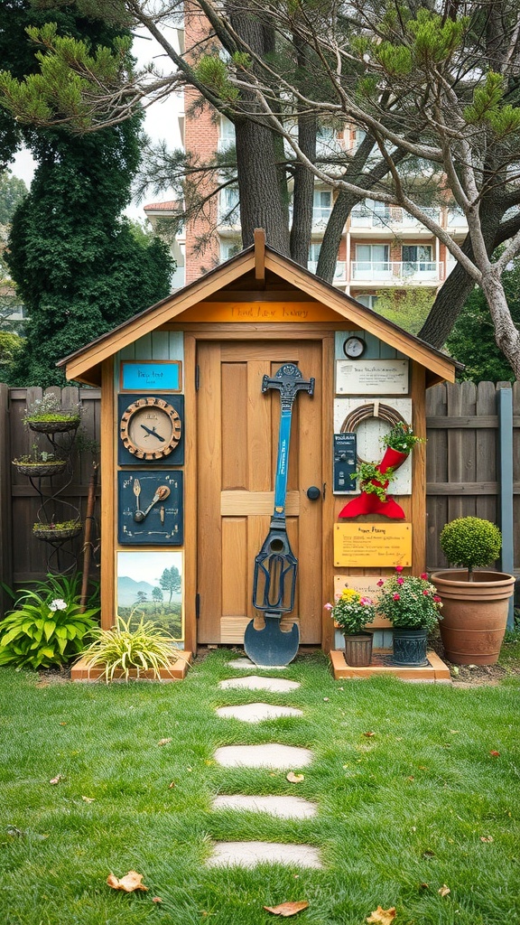 A colorful and creative garden shed made from repurposed materials, featuring a large shovel, decorative elements, and surrounded by greenery.
