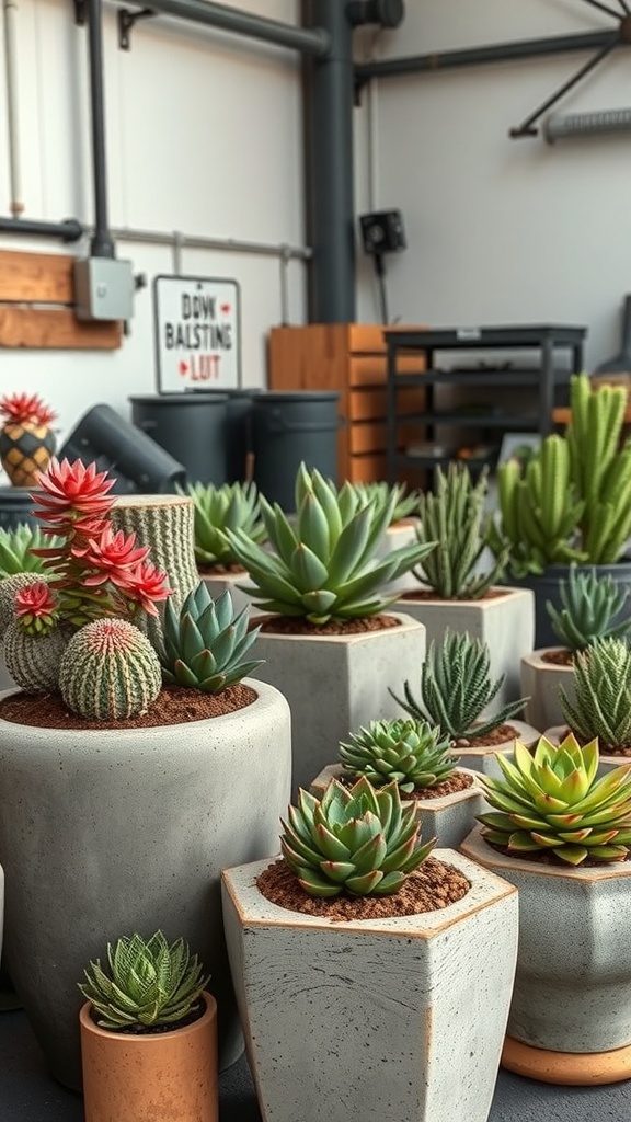 A collection of cement planters with various succulents and cacti arranged in an industrial setting.