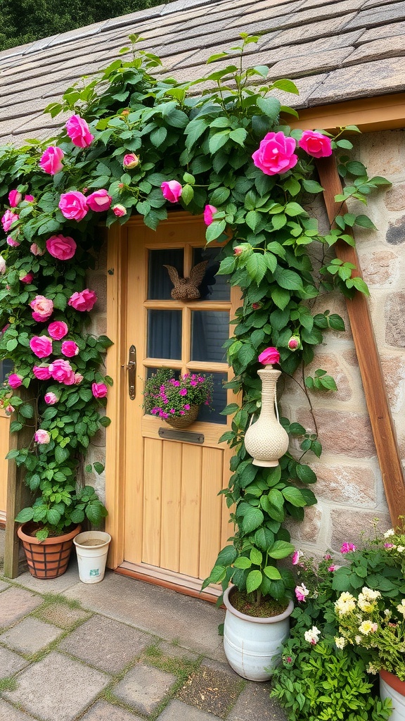 A charming cottage entrance with pink roses climbing over a wooden door, surrounded by potted plants and a stone wall.