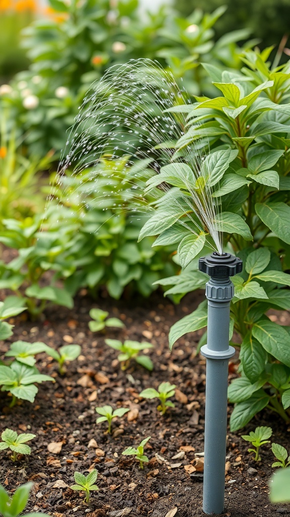 A sprinkler watering young plants in a garden