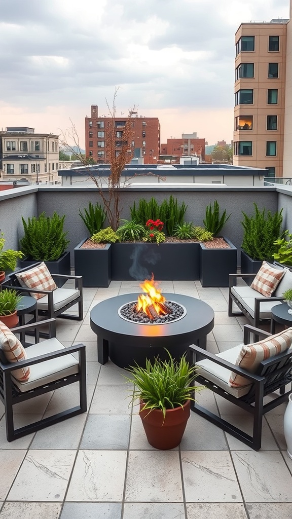 A modern rooftop garden featuring a circular fire pit surrounded by comfortable chairs and lush greenery.