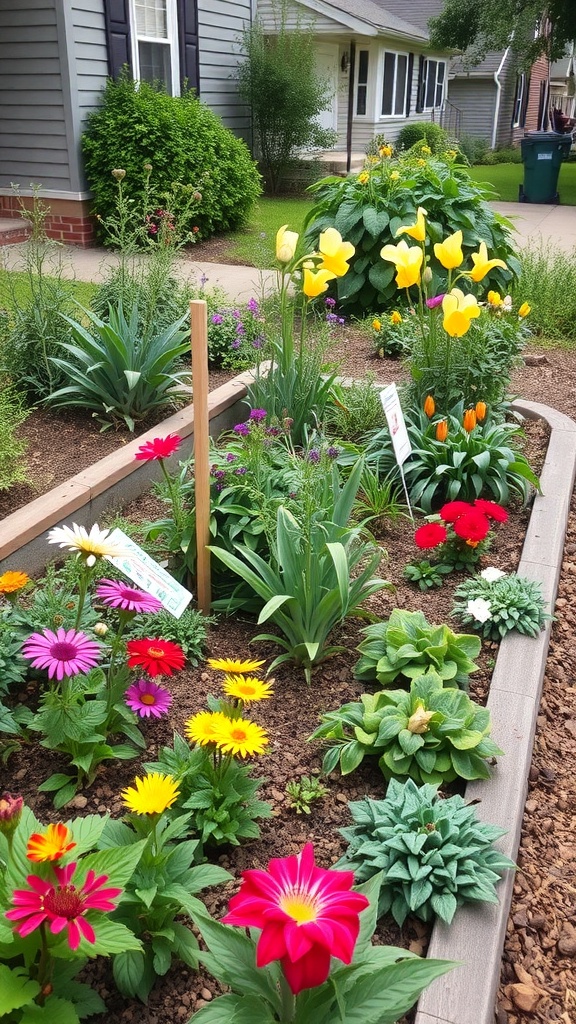 Colorful community garden bed with various flowers and plants.