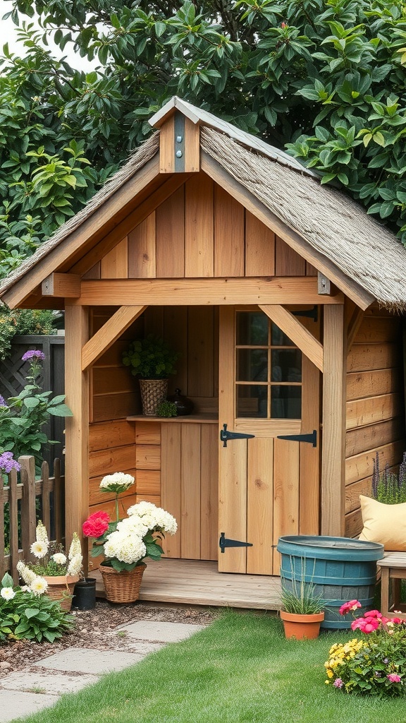 A rustic wooden garden shed with a thatched roof, surrounded by flowers and greenery.