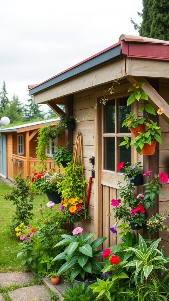 A wooden shed with a vertical garden featuring colorful flowers and greenery.