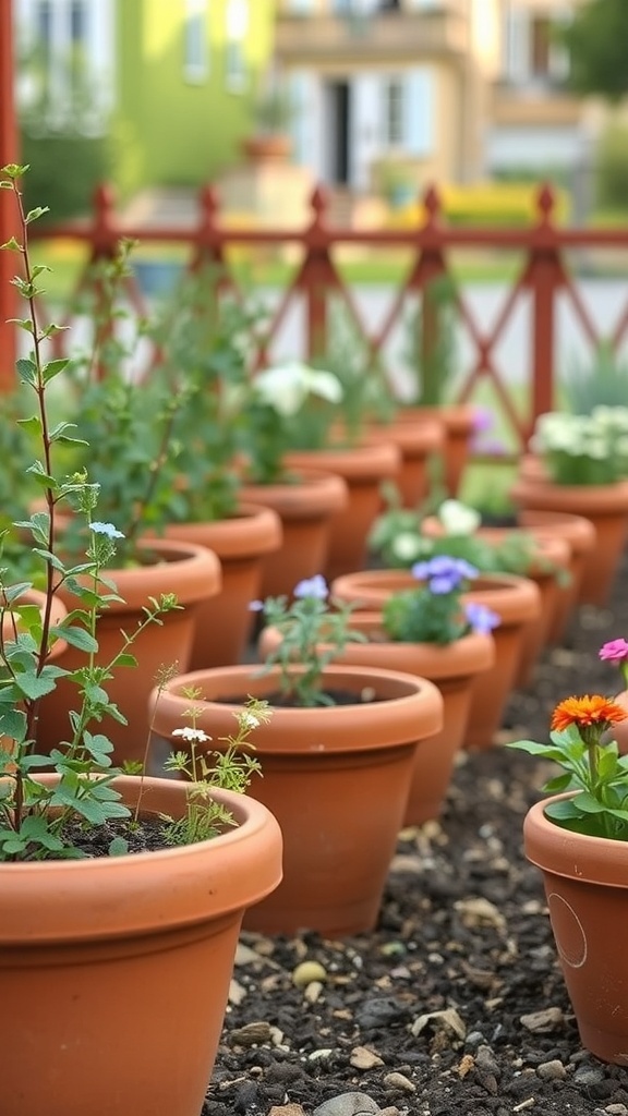 A row of terracotta pots filled with various flowers, creating a colorful garden border.
