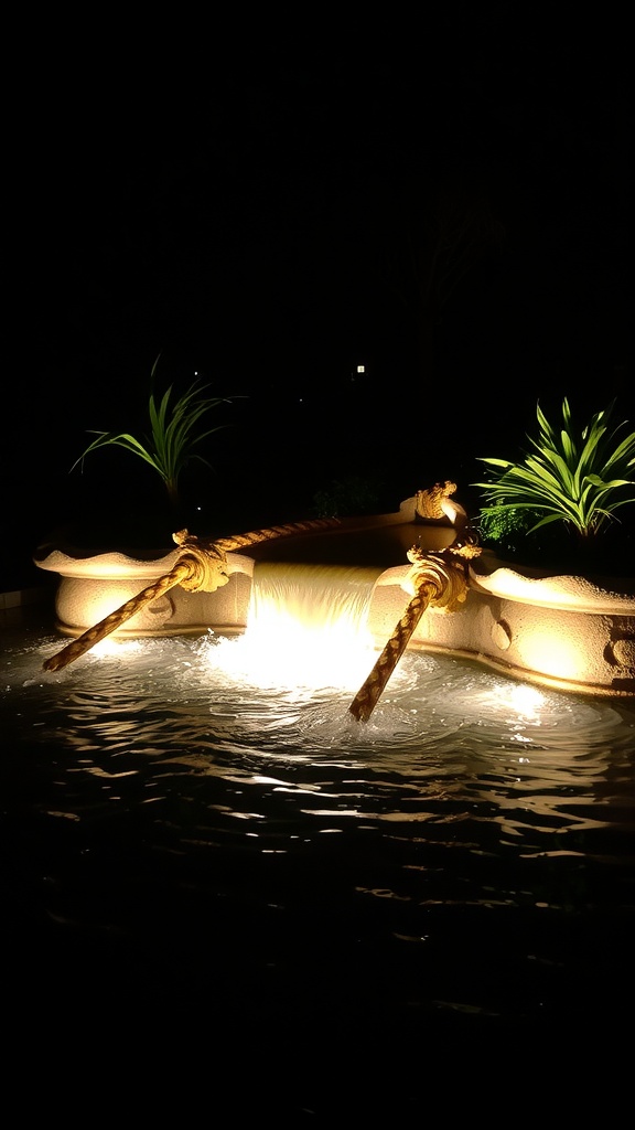 A beautifully illuminated water feature with a gentle waterfall, surrounded by greenery at night.