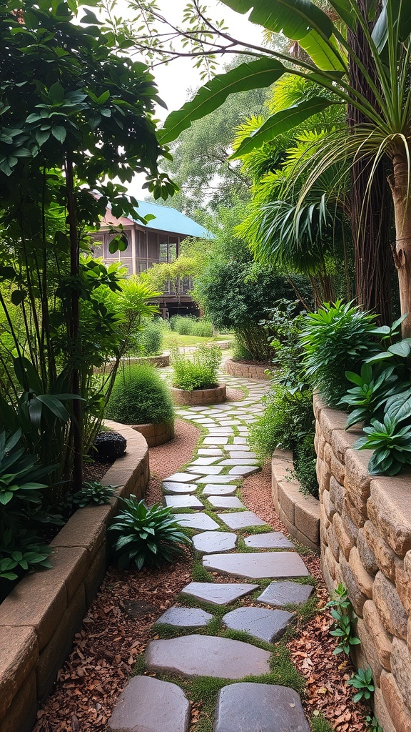 A winding natural stone pathway surrounded by lush greenery in a garden.