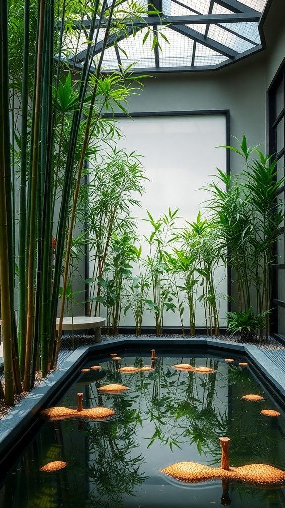 Indoor bamboo water garden with tall bamboo plants and a calm water feature