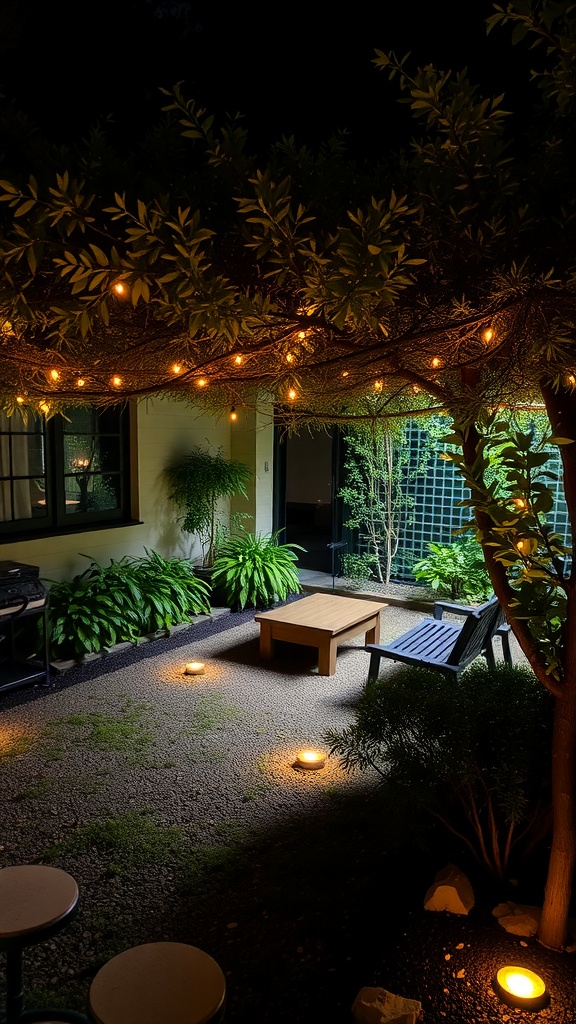 A small garden at night with warm string lights and ground lighting, showcasing a cozy outdoor seating area.