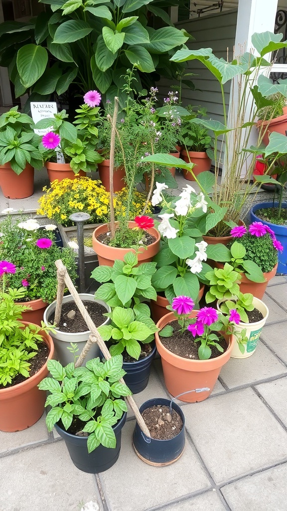 A colorful display of various potted plants in a small garden setting.