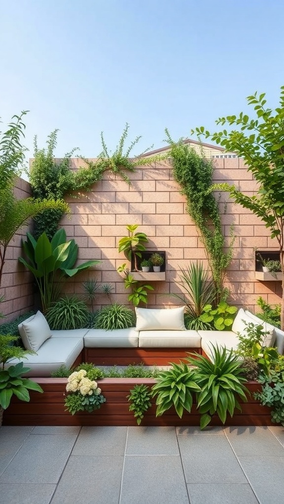A garden wall with integrated seating, featuring a cozy sofa surrounded by various plants and greenery.
