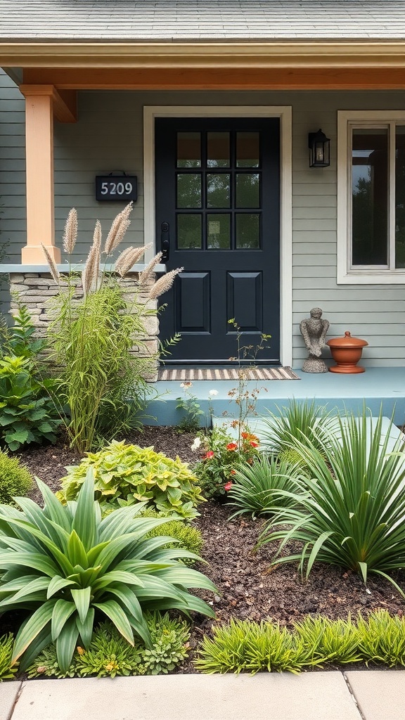 A well-designed front yard garden with various plants and a welcoming entrance.