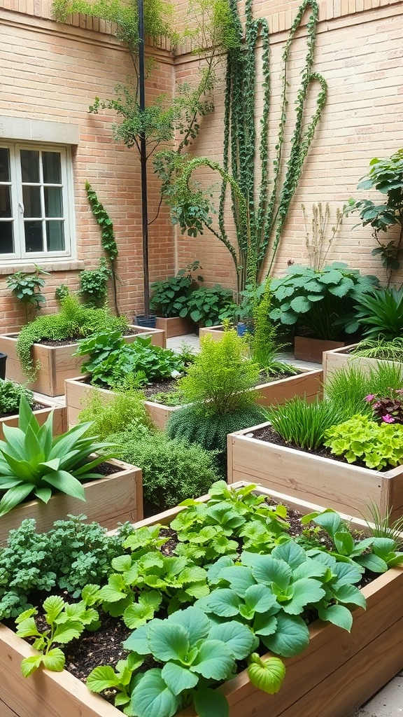 A courtyard garden featuring various edible plants in wooden planters, including leafy greens and herbs.
