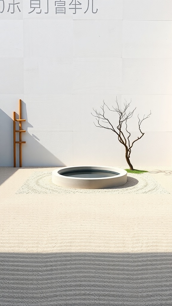 A minimalist Zen garden featuring a circular water basin, raked sand, and a bare tree.