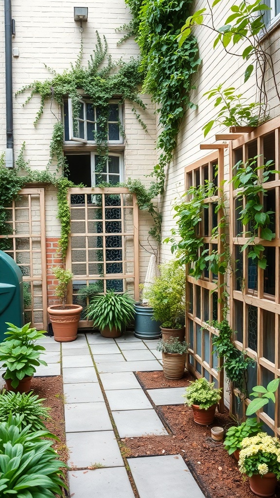 A courtyard garden featuring wooden trellises with climbing plants, stone pathways, and potted plants.