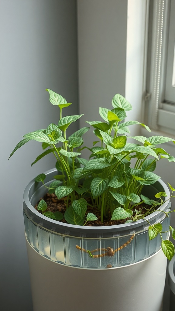 A green plant growing in a modern self-watering planter with a clear section showing the soil and water level.