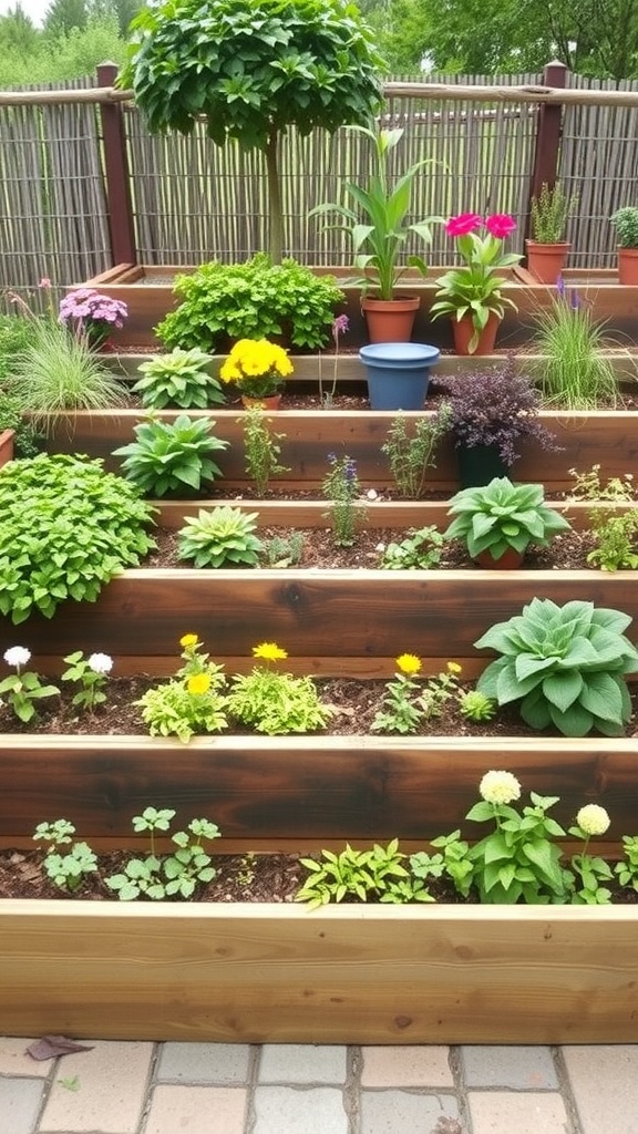 A layered raised garden bed with various plants and flowers arranged for aesthetic appeal.