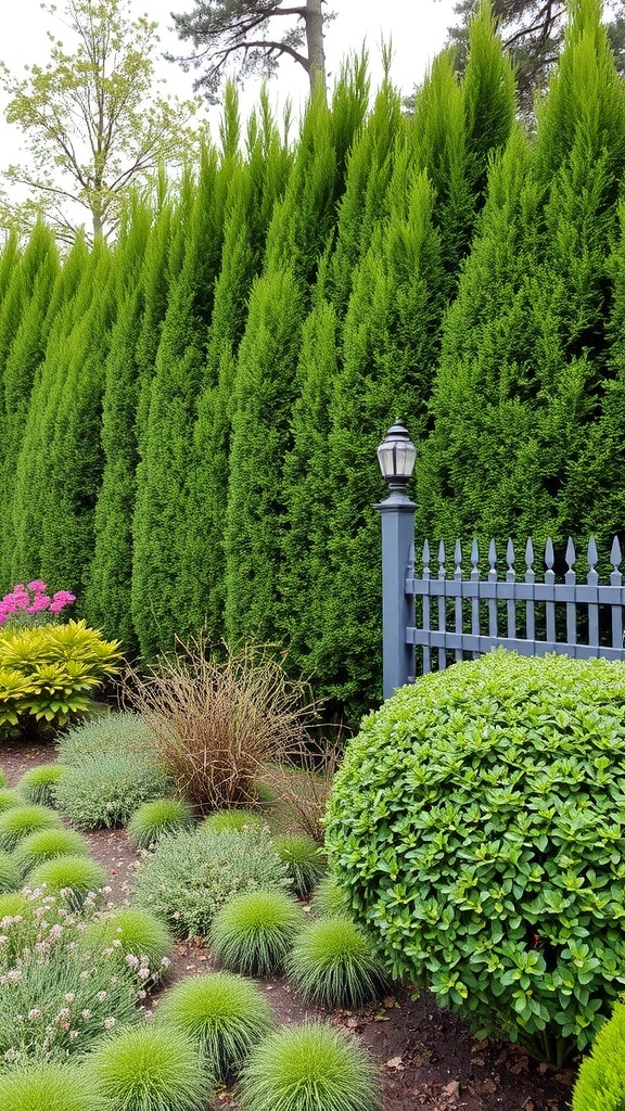 A front garden with tall green hedges, a decorative fence, and colorful plants.