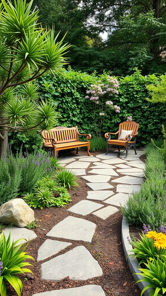 A front garden featuring a stone pathway leading to wooden benches, surrounded by lush greenery and colorful flowers.