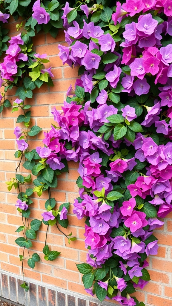 A wall covered with vibrant pink hydrangea flowers and green leaves against a brick background.