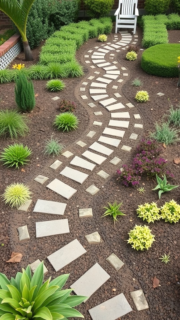 A garden bed with a winding stone pathway surrounded by various plants and a white chair.