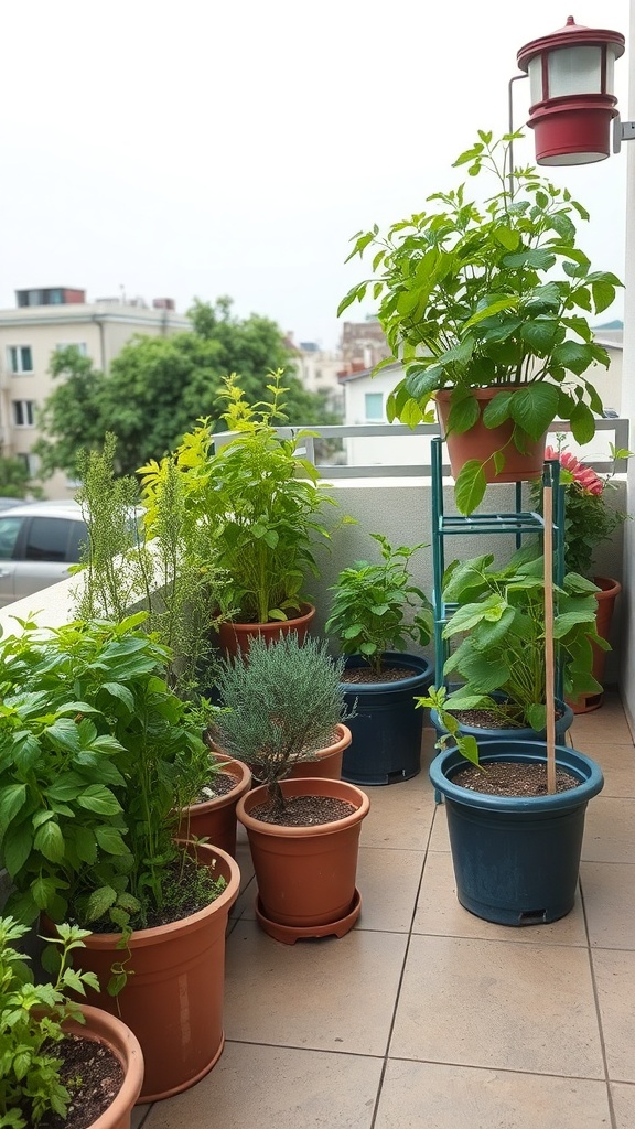 A terrace garden with various potted edible plants including herbs and vegetables.