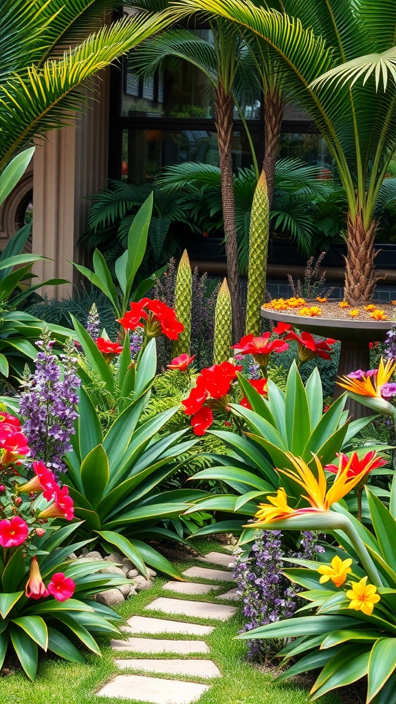 A vibrant tropical garden with a stone pathway, featuring lush greenery and colorful flowers.