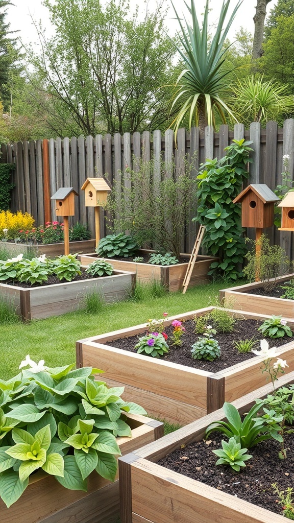 A beautiful garden with raised beds, colorful flowers, and birdhouses.