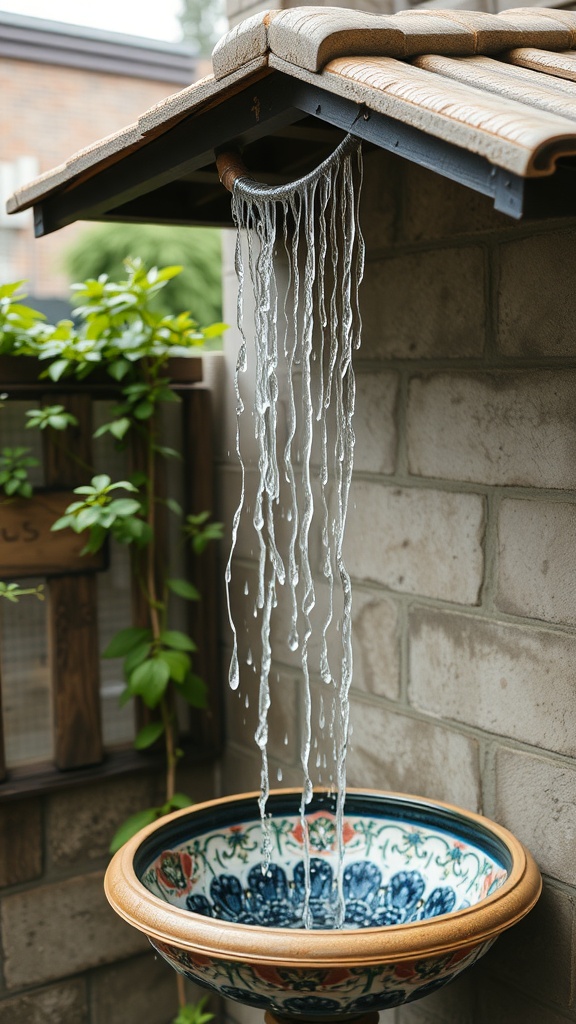 A rain chain directing water into a decorative bowl in a garden setting.
